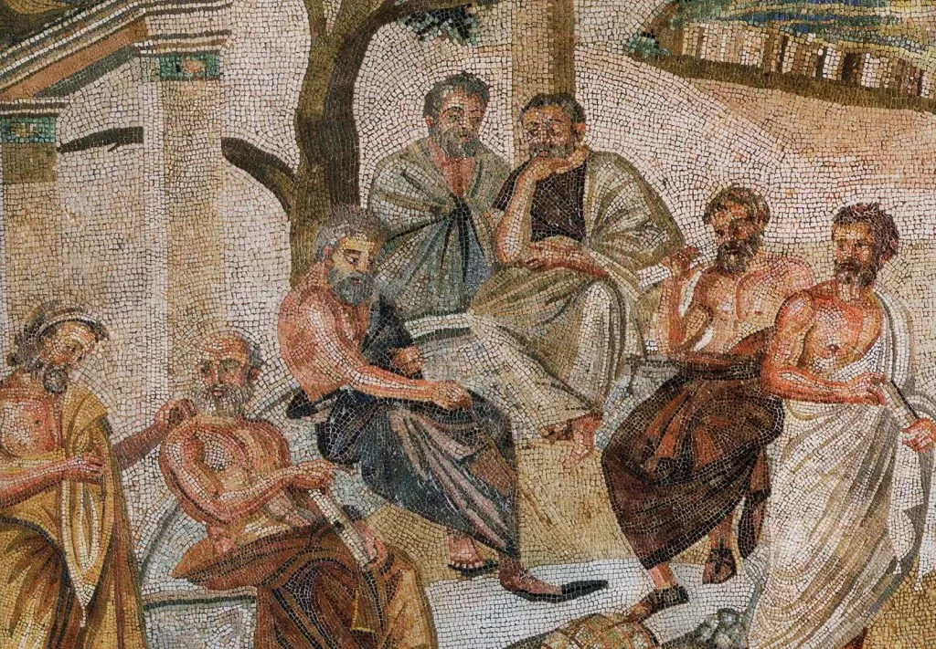 Plato surrounded by students in his Academy in Athens. Mosaic (detail) from the Villa of T. Siminius Stephanus, Pompeii, 1st century B.C. Roman National Archaeological Museum, Naples, Inv. No. 124545.